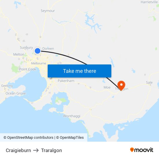 Craigieburn to Traralgon map