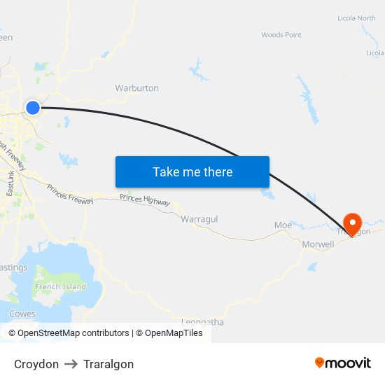 Croydon to Traralgon map