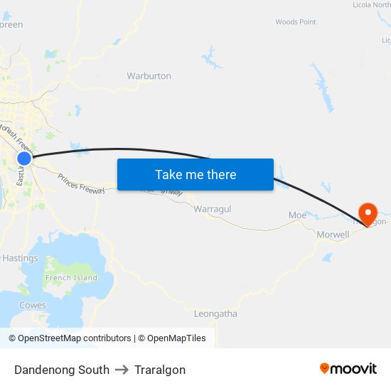 Dandenong South to Traralgon map