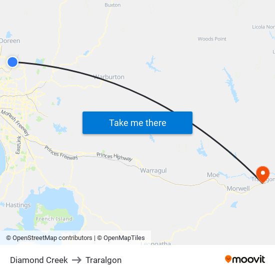 Diamond Creek to Traralgon map