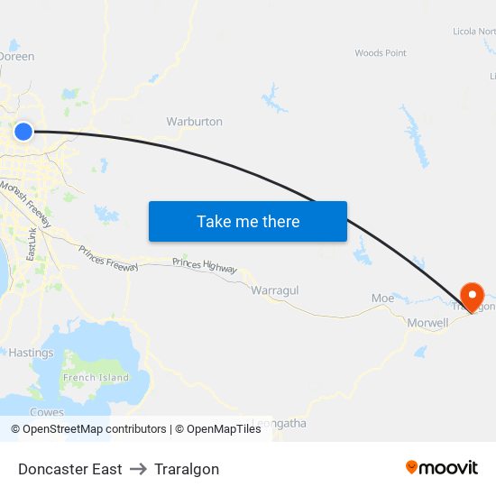 Doncaster East to Traralgon map
