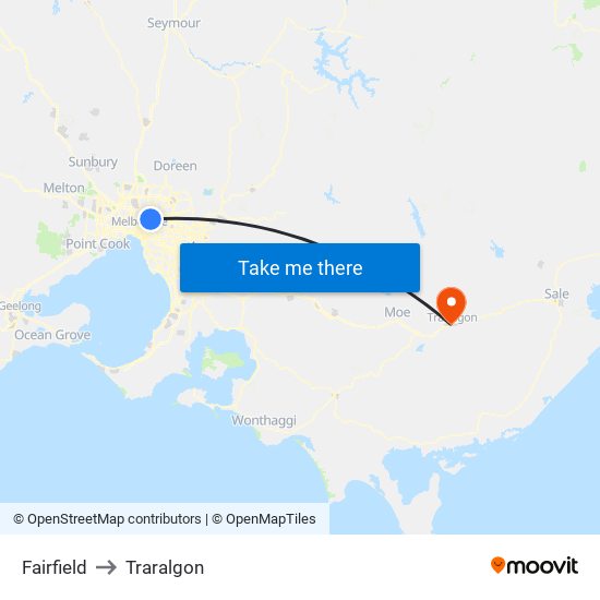 Fairfield to Traralgon map