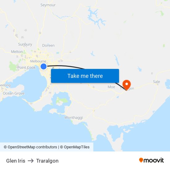 Glen Iris to Traralgon map