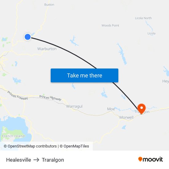 Healesville to Traralgon map