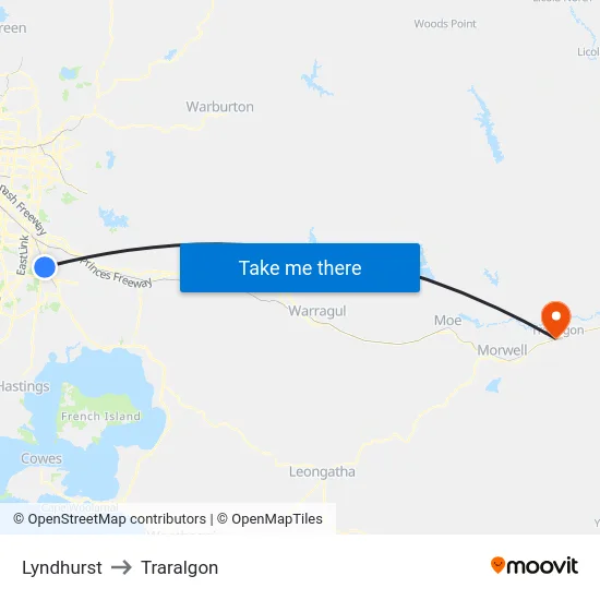 Lyndhurst to Traralgon map