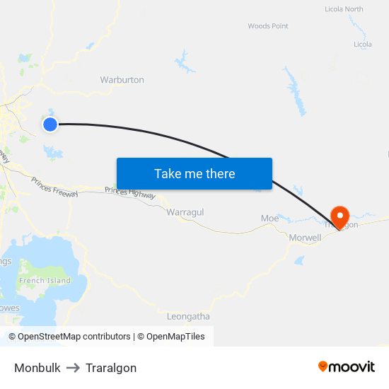 Monbulk to Traralgon map