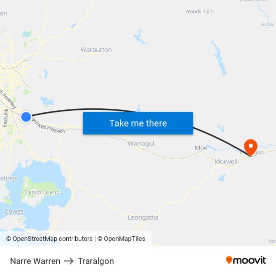 Narre Warren to Traralgon map