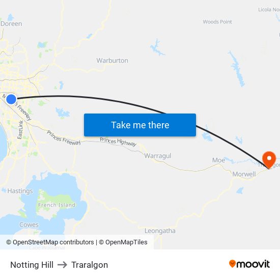 Notting Hill to Traralgon map