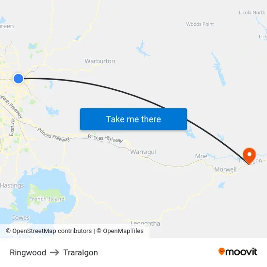 Ringwood to Traralgon map