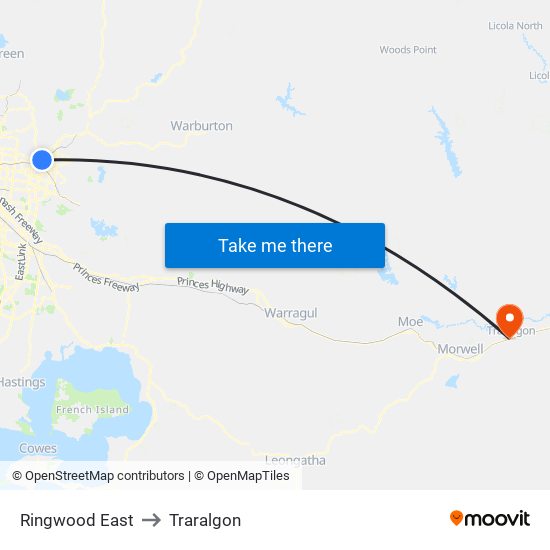 Ringwood East to Traralgon map