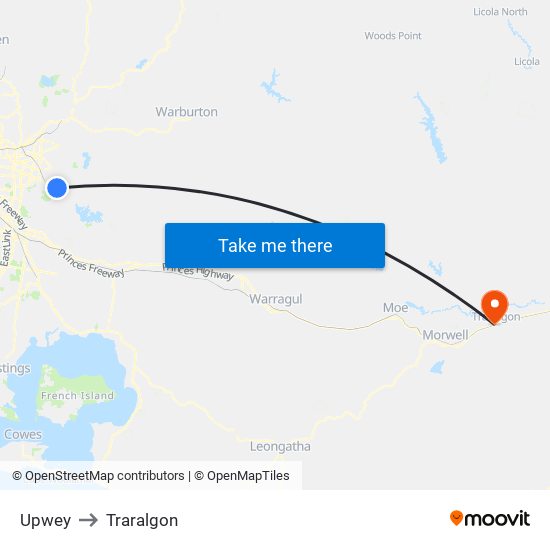 Upwey to Traralgon map