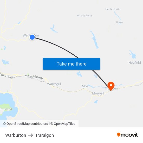 Warburton to Traralgon map