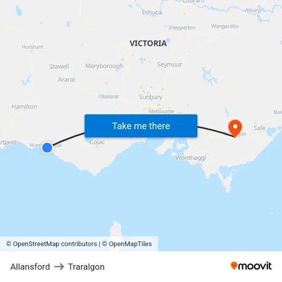 Allansford to Traralgon map