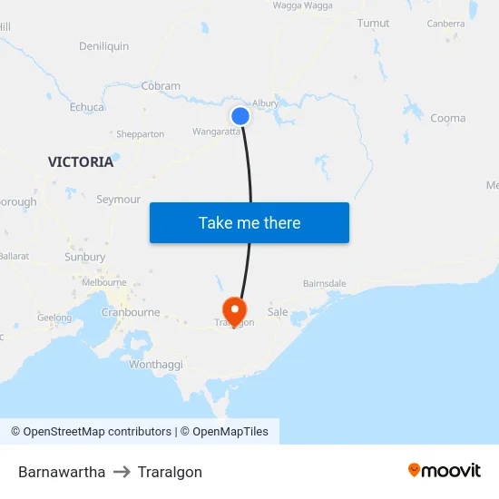 Barnawartha to Traralgon map