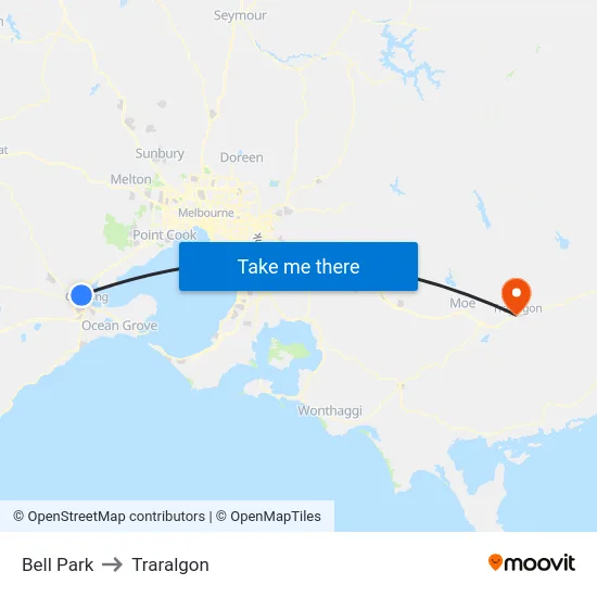 Bell Park to Traralgon map