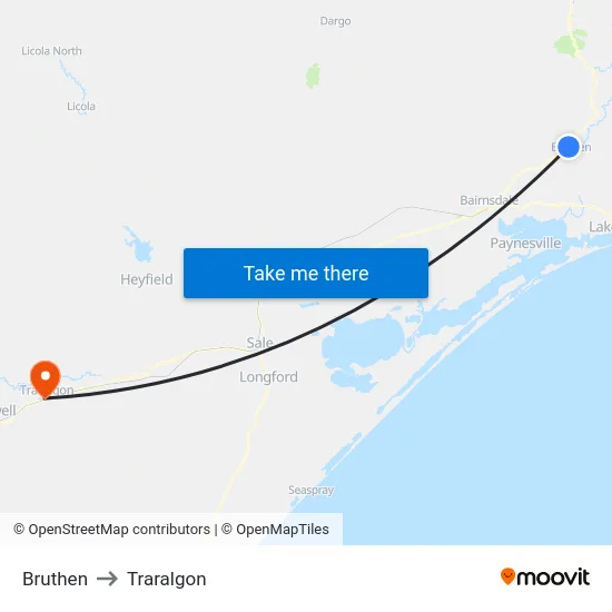 Bruthen to Traralgon map