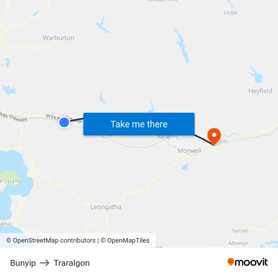 Bunyip to Traralgon map