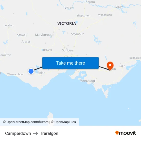 Camperdown to Traralgon map