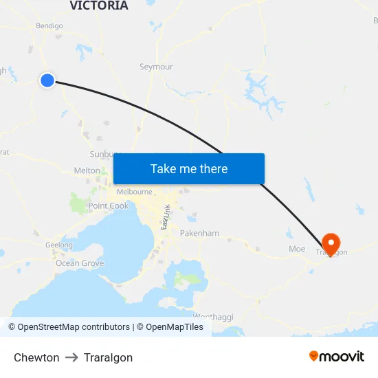 Chewton to Traralgon map