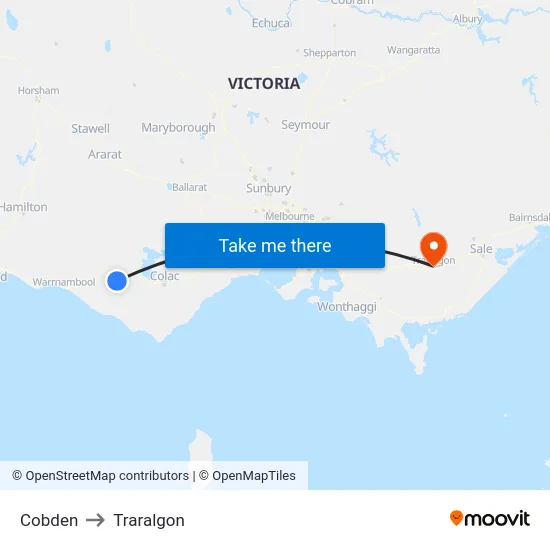 Cobden to Traralgon map