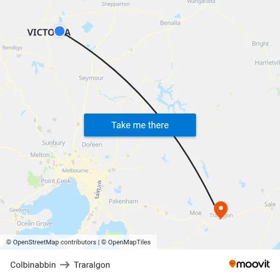 Colbinabbin to Traralgon map