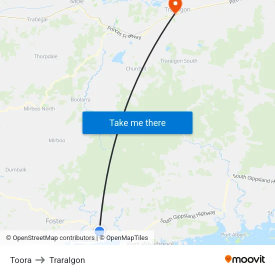 Toora to Traralgon map
