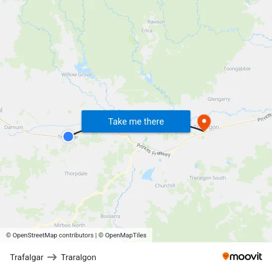 Trafalgar to Traralgon map
