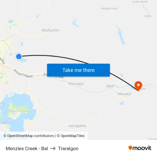Menzies Creek - Bal to Traralgon map