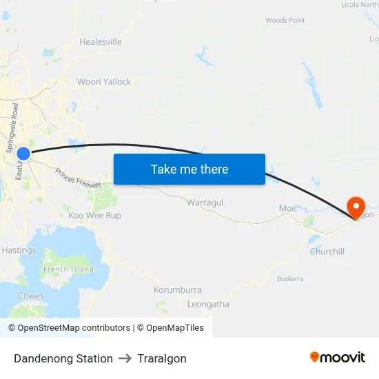 Dandenong Station to Traralgon map
