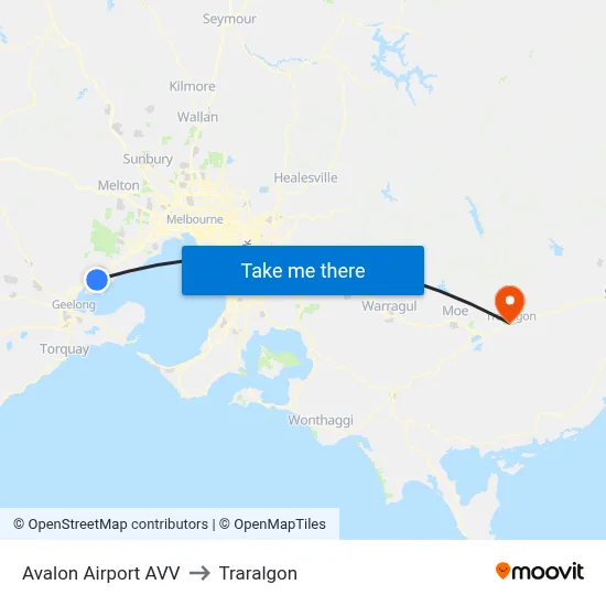Avalon Airport AVV to Traralgon map