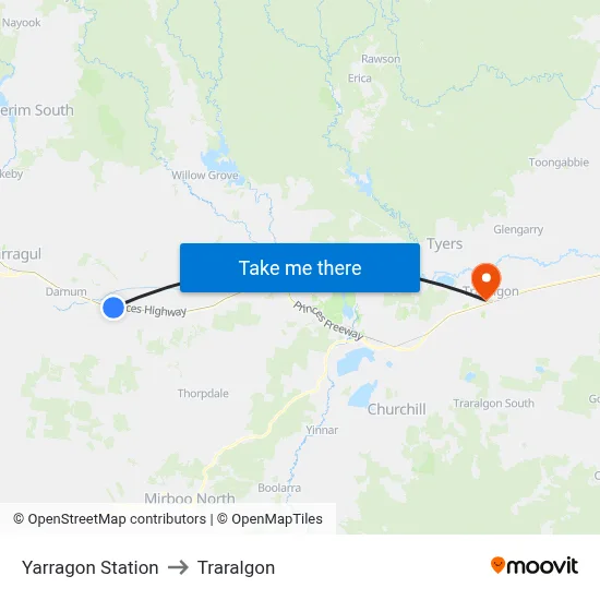 Yarragon Station to Traralgon map