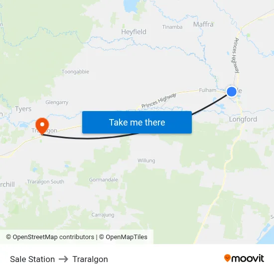 Sale Station to Traralgon map