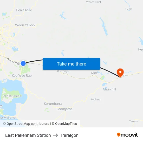 East Pakenham Station to Traralgon map