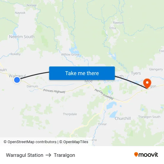 Warragul Station to Traralgon map