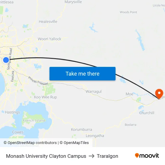 Monash University Clayton Campus to Traralgon map