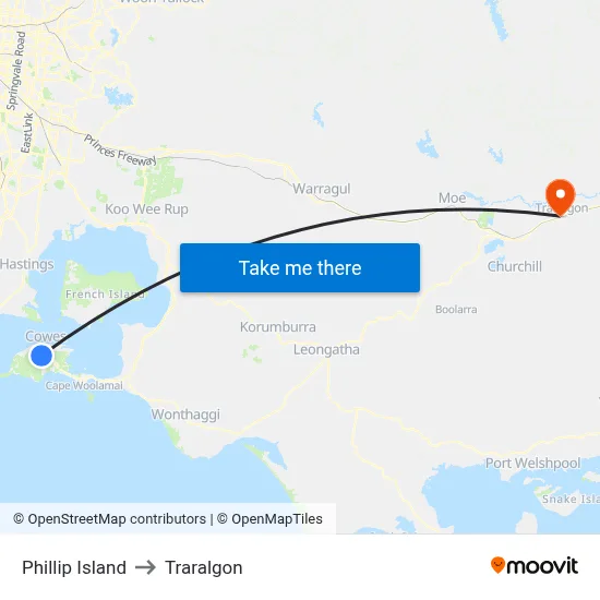 Phillip Island to Traralgon map