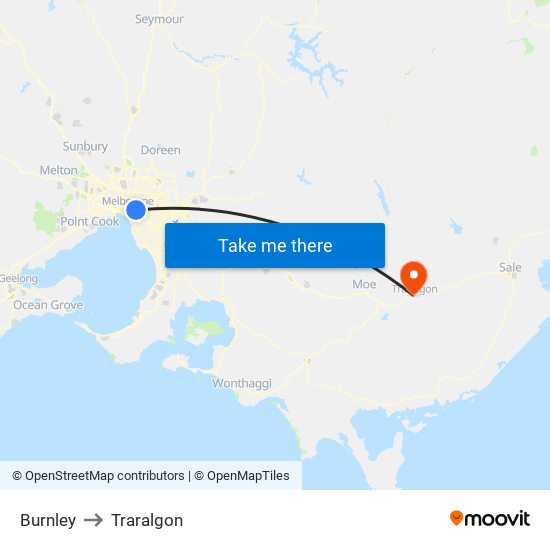 Burnley to Traralgon map