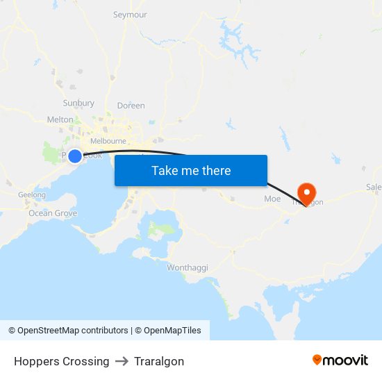 Hoppers Crossing to Traralgon map