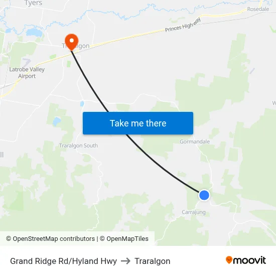 Grand Ridge Rd/Hyland Hwy to Traralgon map