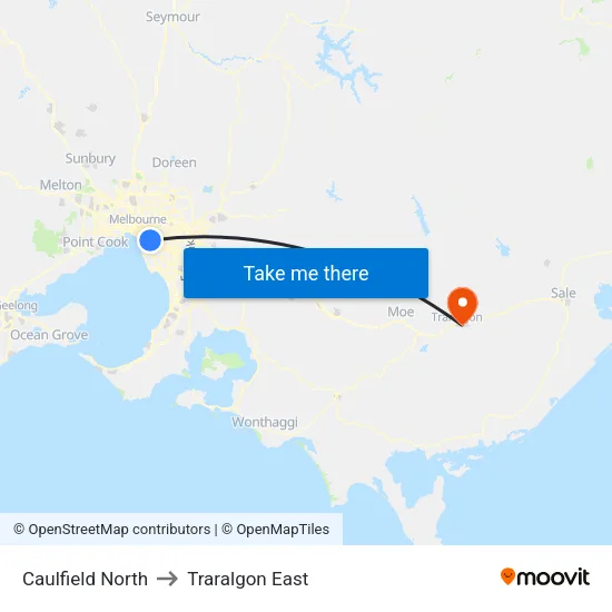 Caulfield North to Traralgon East map