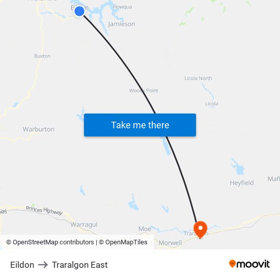 Eildon to Traralgon East map