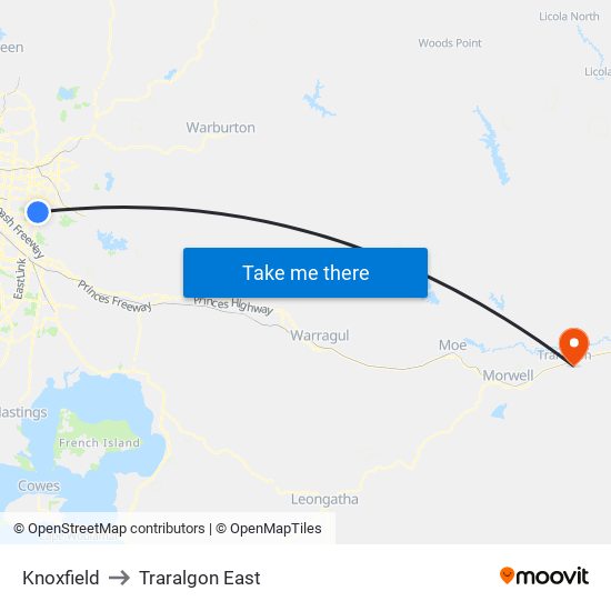 Knoxfield to Traralgon East map