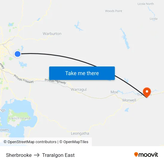 Sherbrooke to Traralgon East map
