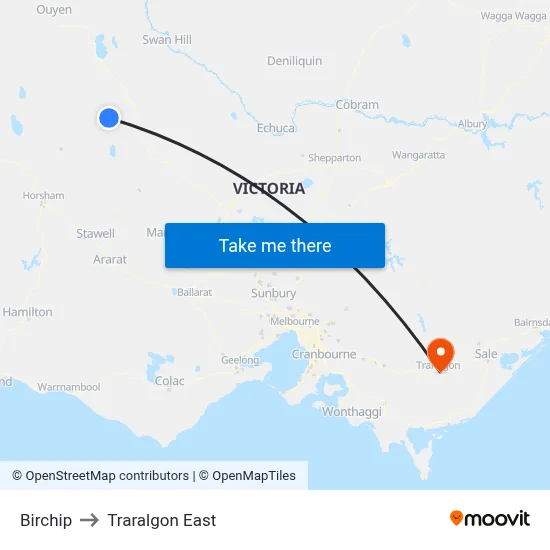 Birchip to Traralgon East map