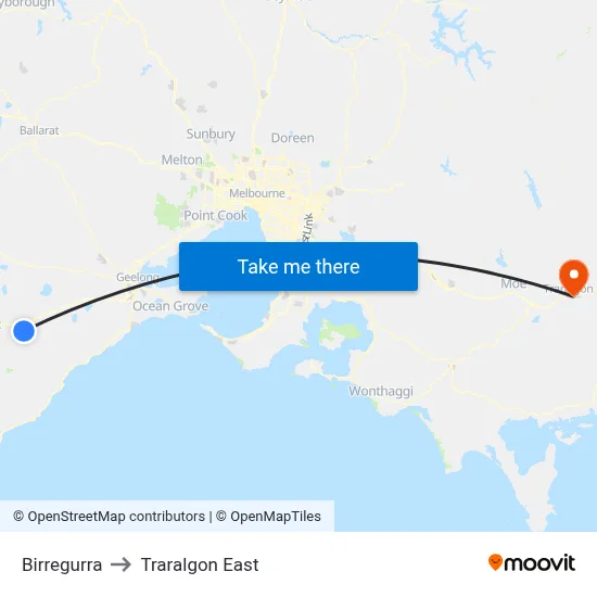 Birregurra to Traralgon East map