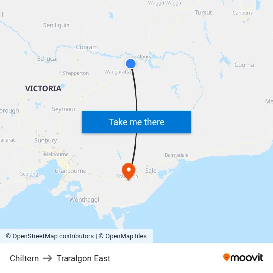 Chiltern to Traralgon East map
