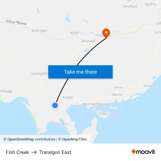 Fish Creek to Traralgon East map