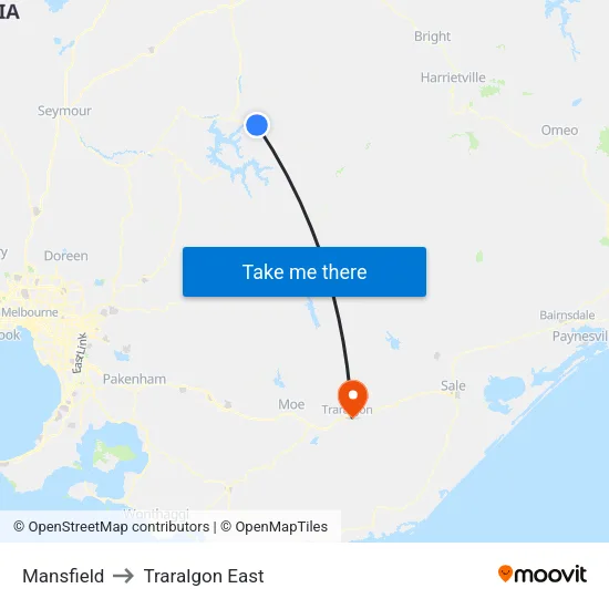 Mansfield to Traralgon East map