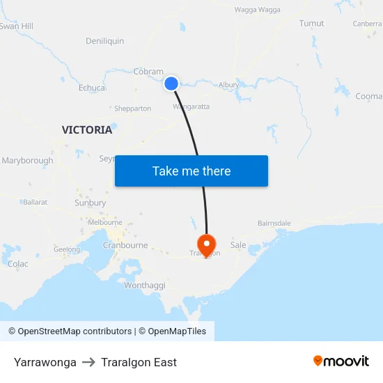 Yarrawonga to Traralgon East map