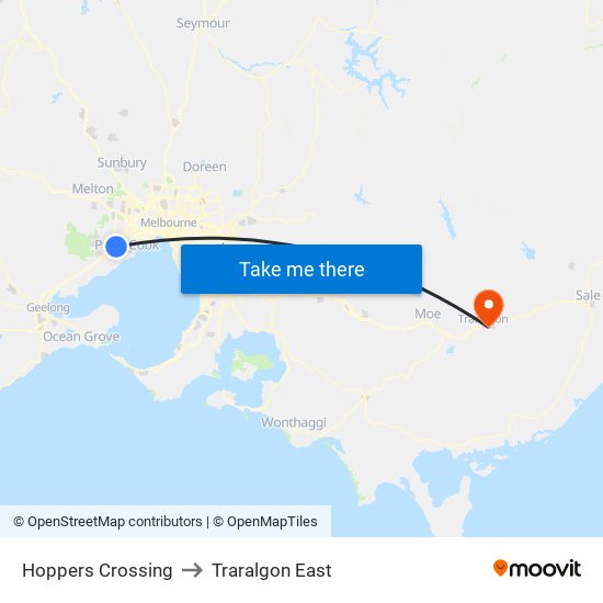 Hoppers Crossing to Traralgon East map